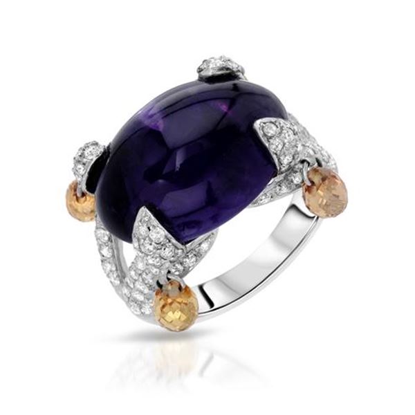Natural 15.15 CTW Amethyst & Diamond Ring 18K White Gold - REF-219M6F