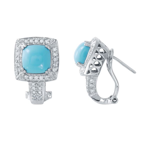 Natural 3.10 CTW Turquoise & Diamond Earrings 14K White Gold - REF-77X4T