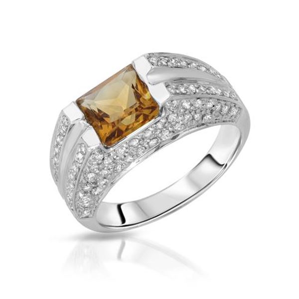 Natural 2.07 CTW Citrine & Diamond Ring 18K White Gold - REF-98R3K