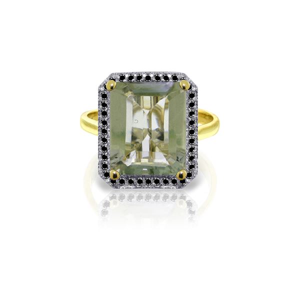 Genuine 5.8 ctw Green Amethyst & Black Diamond Ring 14KT Yellow Gold - REF-79M8T