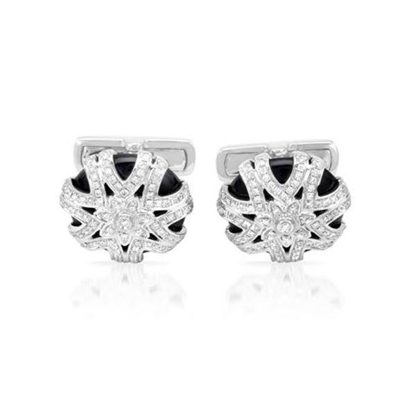 Natural 13.13 CTW Onyx & Diamond Cuff Links 14K White Gold - REF-131T4X