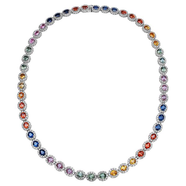 Natural 33.92 CTW Multi-Sapphire & Diamond Necklace 14K White Gold - REF-897K3R