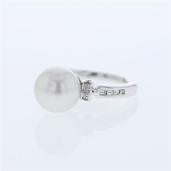 Natural 9.04 CTW Pearl & Baguette Ring 14K White Gold - REF-65W7H