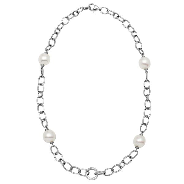 Natural 35.54 CTW Freshwater Pearl & Diamond Necklace 18K White Gold - REF-232W2H