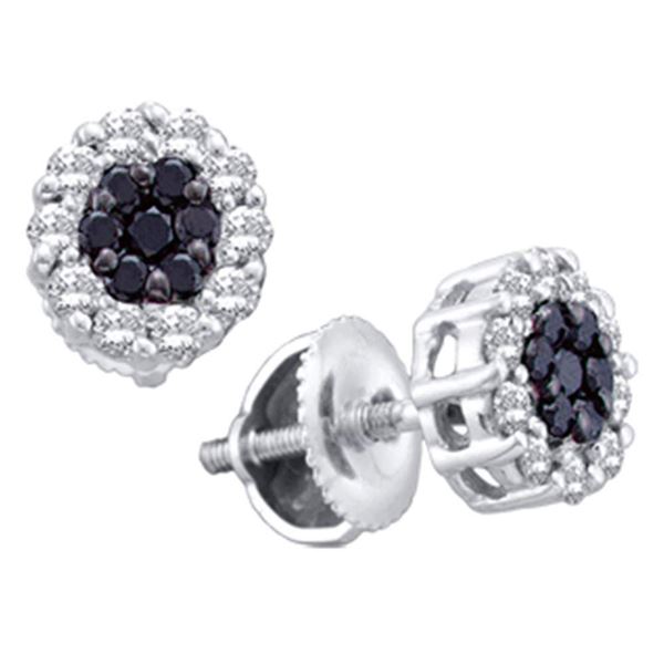 14kt White Gold Womens Round Black Color Enhanced Diamond Flower Cluster Earrings 1-1/2 Cttw