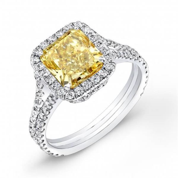 Natural 3.82 CTW Halo Radiant Cut Canary Yellow Split Shank Diamond Ring 18KT White Gold