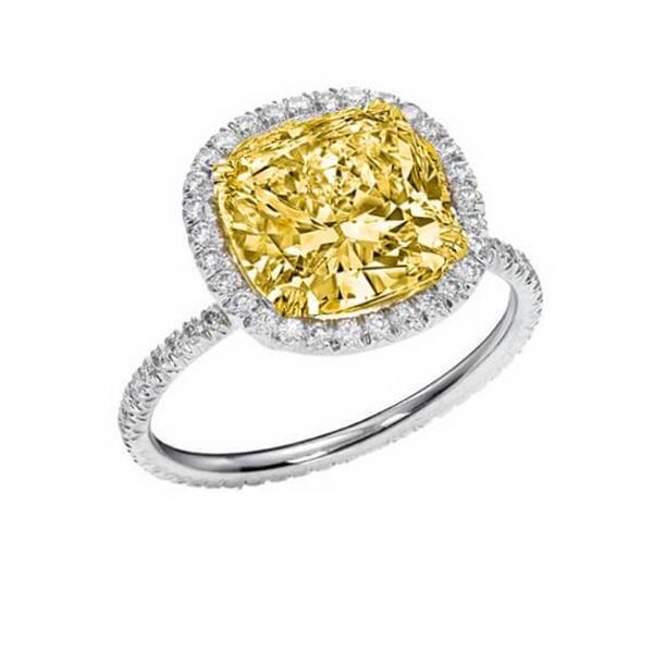 Natural 2.12 CTW Halo Light Yellow Canary Cushion Cut Diamond Ring 14KT White Gold