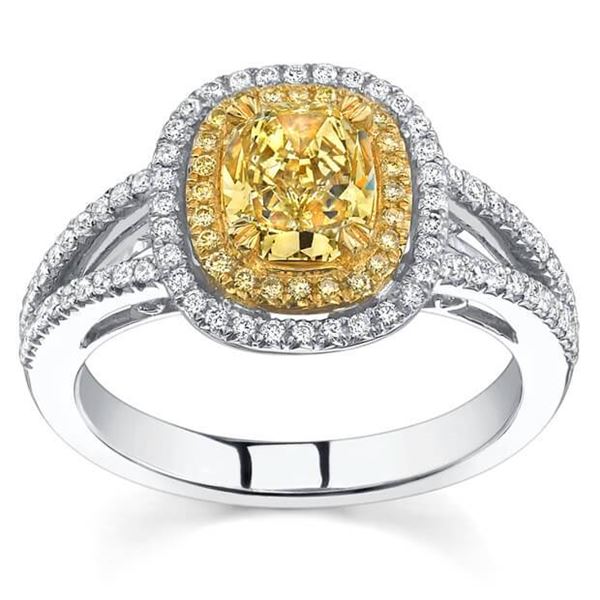 Natural 1.92 CTW Canary Yellow Cushion Cut Halo Diamond Ring 14KT White Gold