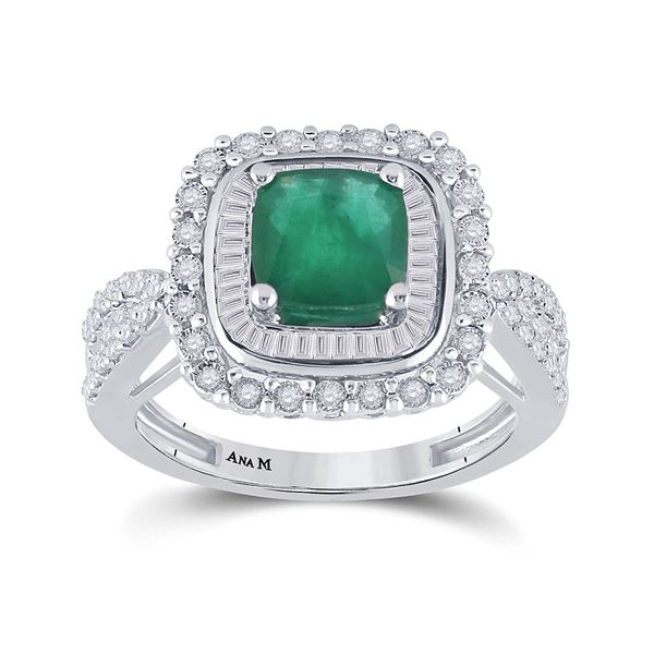 14kt White Gold Womens Cushion Emerald Diamond Halo Solitaire Ring 2-1/4 Cttw