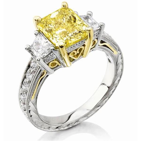 Natural 2.42 CTW Canary Yellow Radiant Cut & Trapezoids Diamond Ring 18KT Two-tone