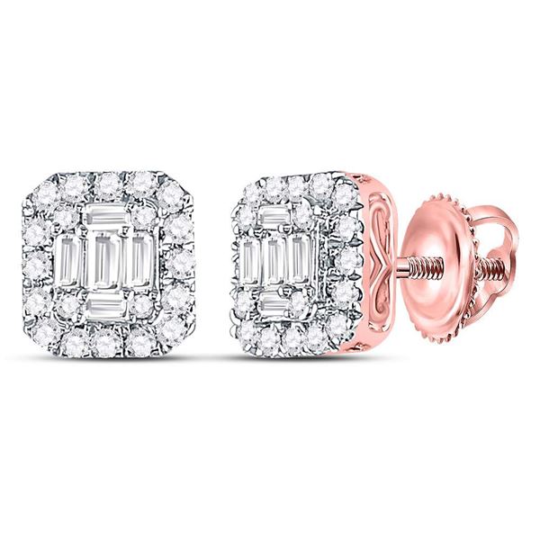 14kt Rose Gold Womens Baguette Diamond Square Cluster Earrings 1/2 Cttw