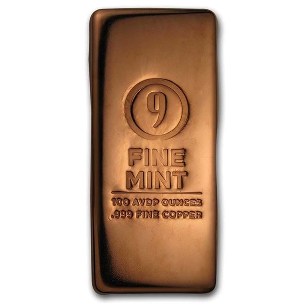 100 oz Cast-Poured Copper Bar - 9Fine Mint