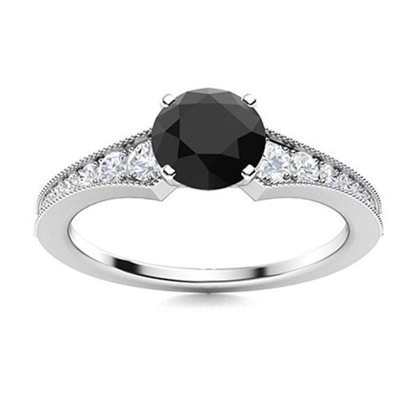 Natural 1.46 CTW Onyx & Diamond Engagement Ring 18K White Gold