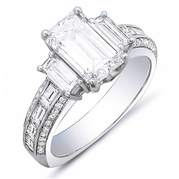 Natural 2.92 CTW Emerald Cut & Baguettes Diamond Engagement Ring 14KT White Gold