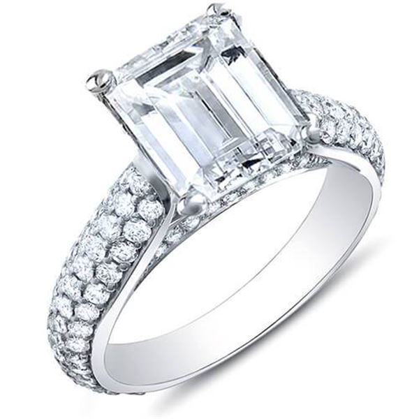 Natural 2.92 CTW Emerald Cut w/ Round Cut Micro Pave Diamond Engagement Ring 14KT White Gold