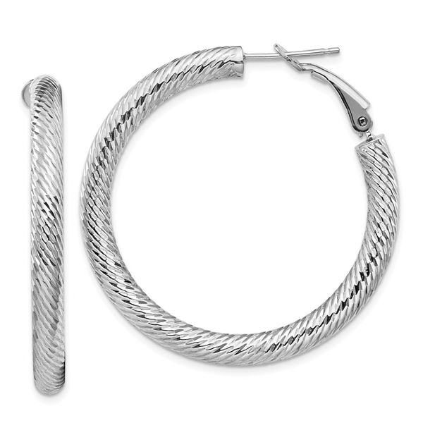 14k White Gold Diamond-cut Omega Back Hoop Earrings - 4x30 mm