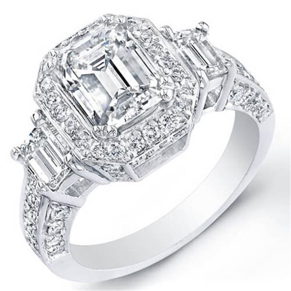 Natural 4.47 CTW Emerald Cut 3-Stone Halo Diamond Ring 14KT White Gold