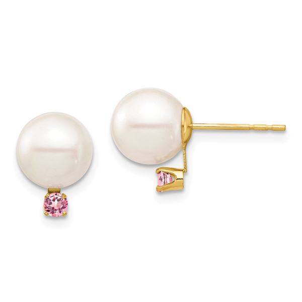 14k Yellow Gold White Pearl Pink Topaz Post Earrings - 8-8.5 mm
