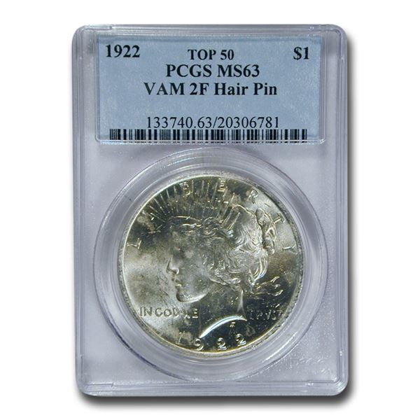 1922 Peace Dollar MS-63 PCGS (VAM 2F Hair Pin)