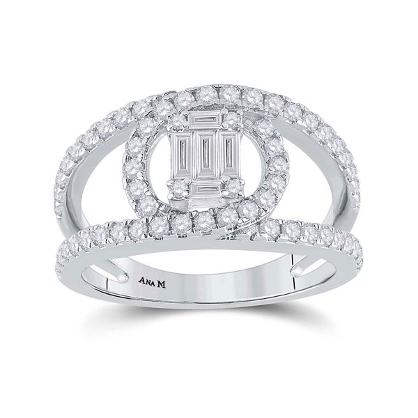 14kt White Gold Womens Baguette Diamond Negative Space Cluster Ring 1 Cttw