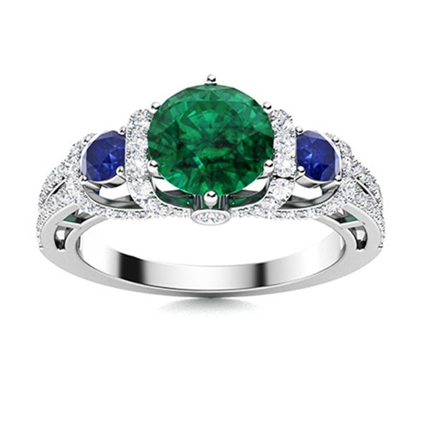 Natural 1.87 CTW Emerald, Sapphire & Diamond Engagement Ring 18K White Gold
