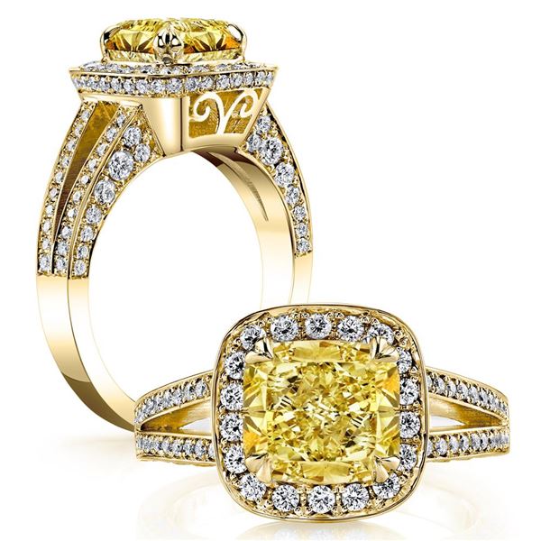 Natural 3.27 CTW Halo Canary Light Yellow Cushion Cut Diamond Ring 14KT Yellow Gold