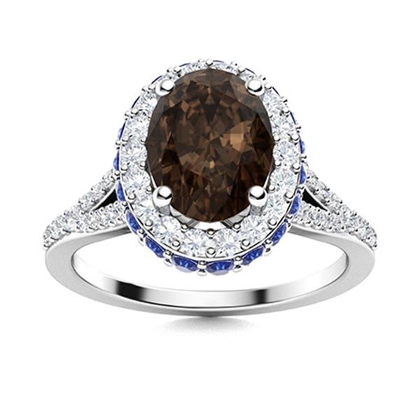 Natural 2.12 CTW Smoky Quartz, Sapphire & Diamond Engagement Ring 14K White Gold