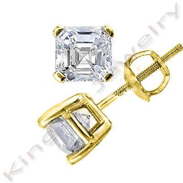 Natural 1.42 CTW Asscher Cut Diamond Stud Earrings 18KT Yellow Gold