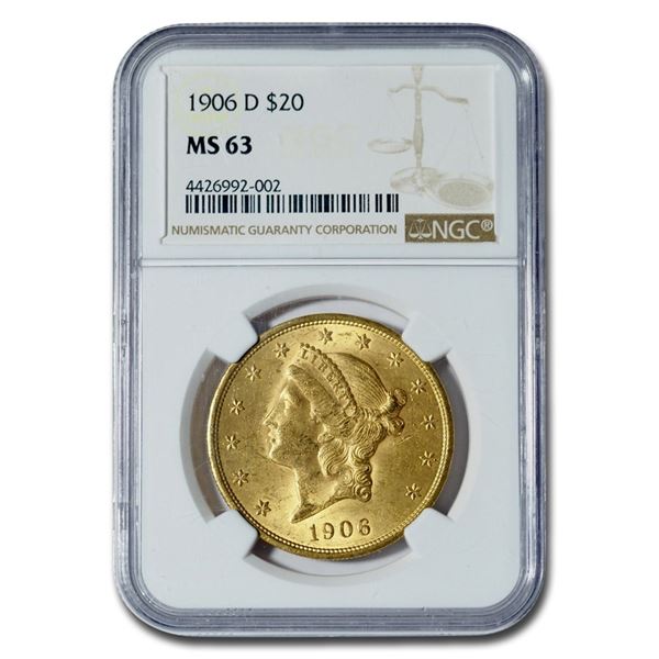 1906-D $20 Liberty Gold Double Eagle MS-63 NGC