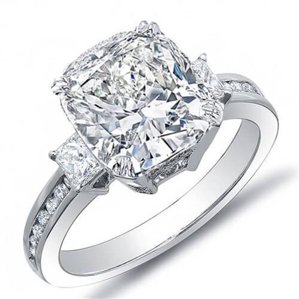 Natural 4.28 CTW Cushion Cut w/ Princess & Round Cut Diamond Engagement Ring 14KT White Gold