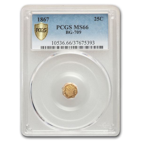 1867 Liberty Octagonal 25 Cent Gold MS-66 PCGS (BG-709)