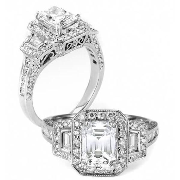 Natural 2.42 CTW Halo Emerald Cut Princess & Trapezoids Diamond Ring 14KT White Gold