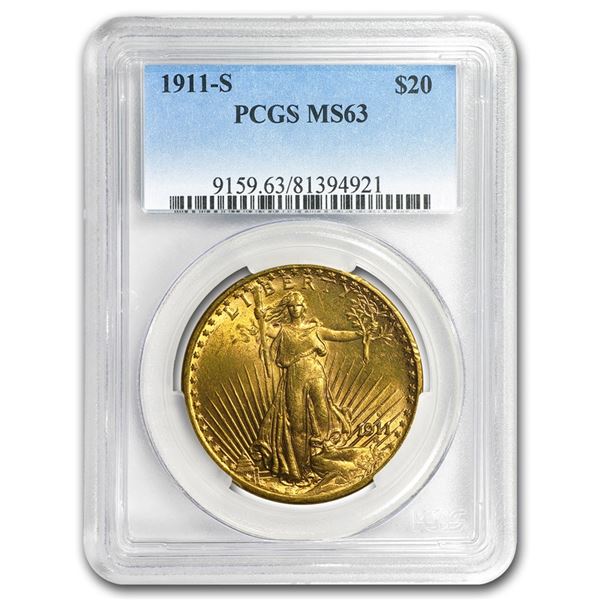 1911-S $20 Saint-Gaudens Gold Double Eagle MS-63 PCGS
