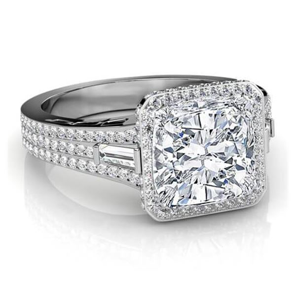 Natural 3.02 CTW Cushion Cut & Baguettes Halo Diamond Engagement Ring 18KT White Gold