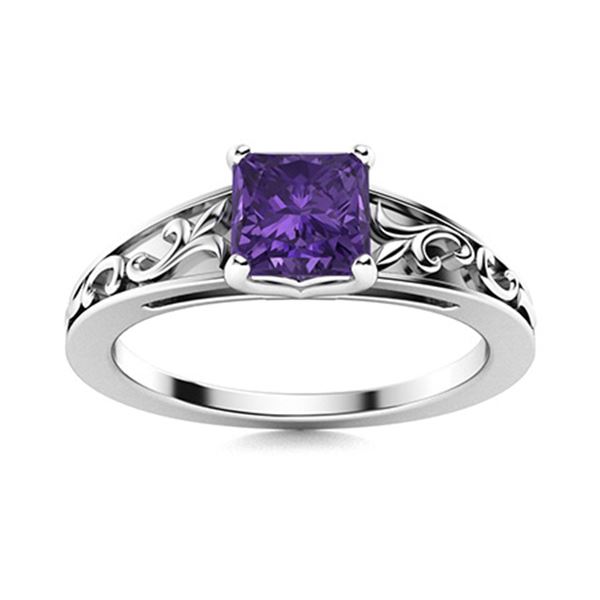 Natural 1.09 CTW Amethyst Solitaire Ring 18K White Gold