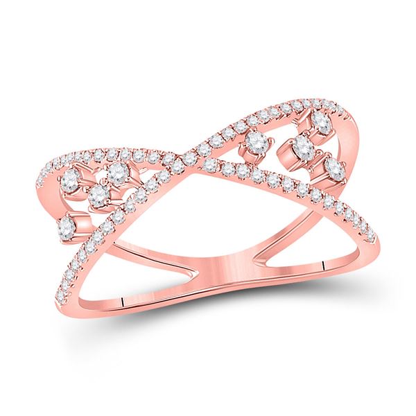 14kt Rose Gold Womens Round Diamond Crossover Scattered Fashion Ring 1/3 Cttw