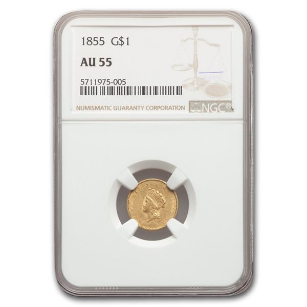 1855 $1 Indian Head Gold AU-55 NGC