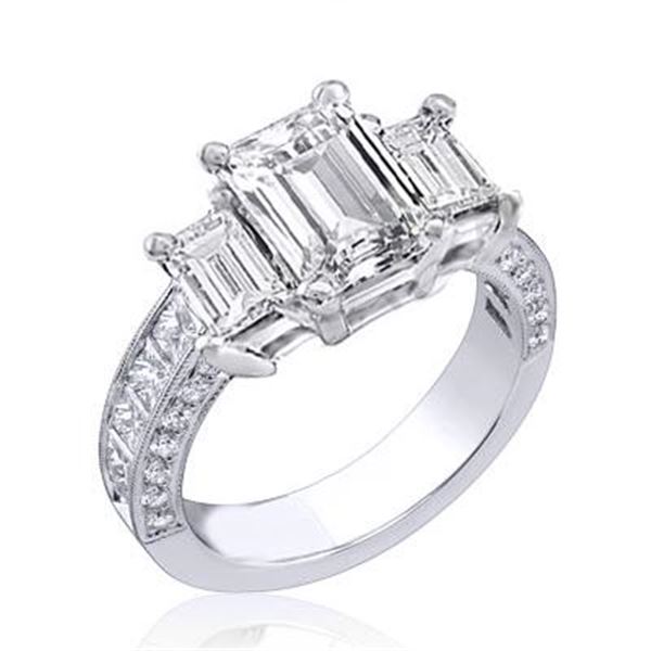 Natural 3.32 CTW Emerald Cut 3-Stone Diamond Ring 14KT White Gold