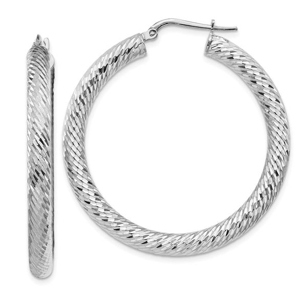14k White Gold Diamond-cut Round Hoop Earrings - 4x30 mm