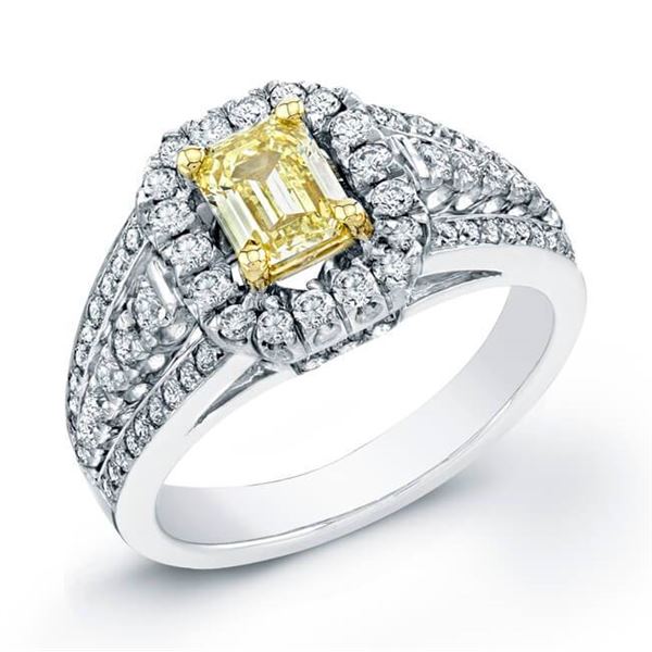 Natural 1.87 CTW Canary Light Yellow Emerald Cut Halo Diamond Ring 14KT Two-tone