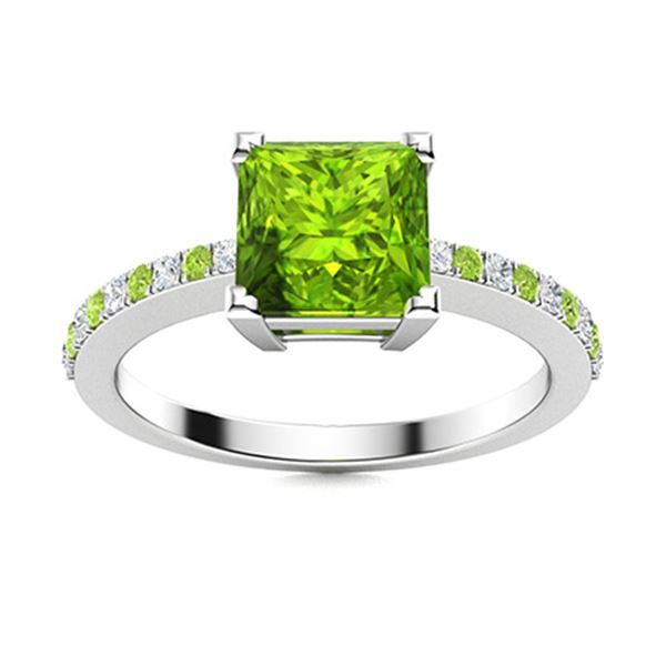 Natural 1.10 CTW Peridot & Diamond  Engagement Ring 18K White Gold