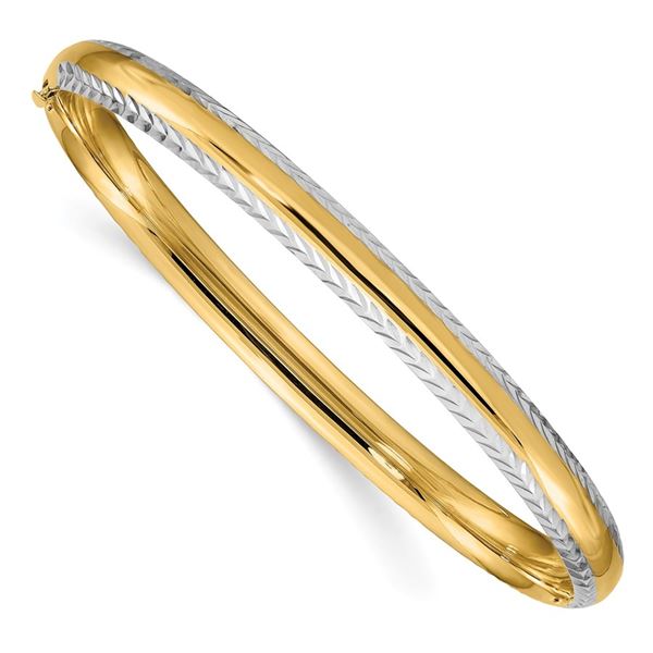 14k 4/16 w/White Rhodium Diamond-Cut Bangle - 7.5 in.