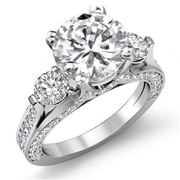 Natural 3.32 CTW Round Cut 3-Stone Diamond Engagement Ring 14KT White Gold