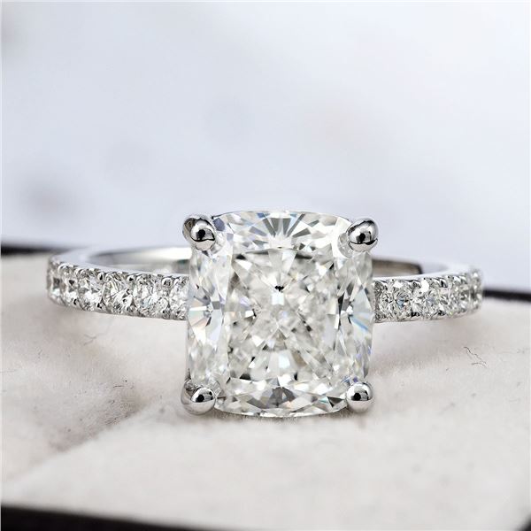 Natural 3.12 CTW Cushion Cut Solitaire Diamond Engagement Ring 18KT White Gold
