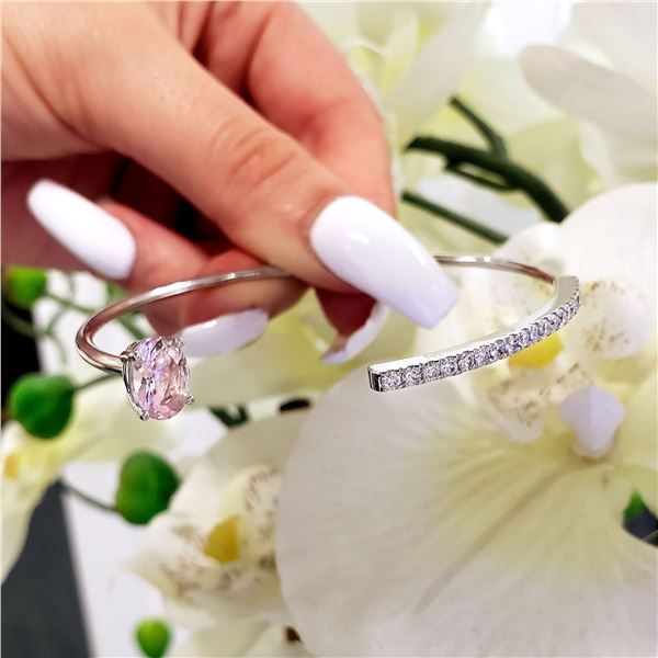 Natural 1.67 CTW Diamond & Pink Sapphire Bangle 14KT White Gold