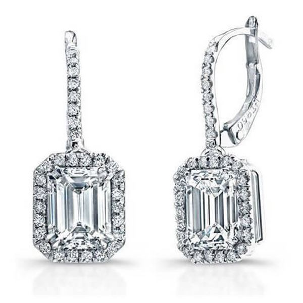 Natural 1.52 CTW Emerald Cut U-Pave Lever Back Halo Diamond Earrings 18KT White Gold