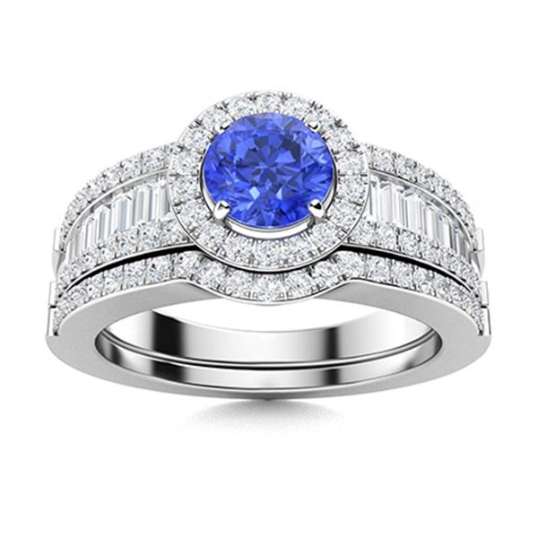 Natural 1.48 CTW Ceylon Sapphire & Diamond Engagement Ring 14K White Gold