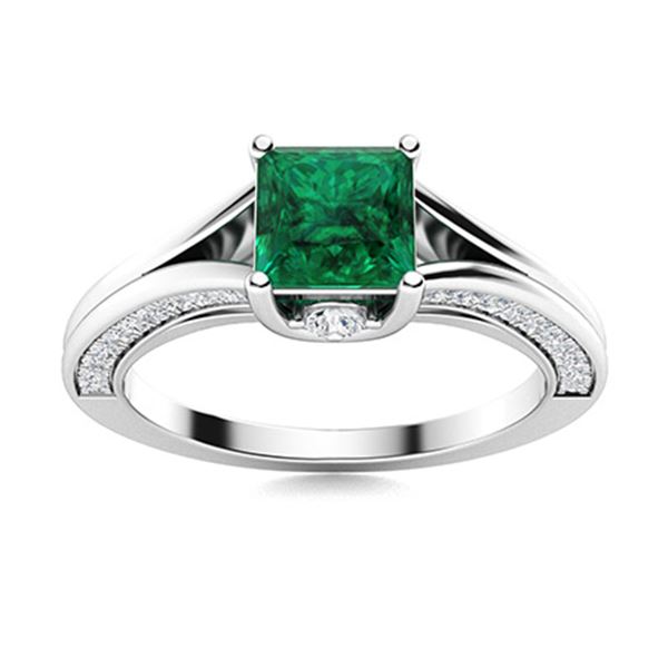 Natural 1.48 CTW Emerald & Diamond Engagement Ring 18K White Gold