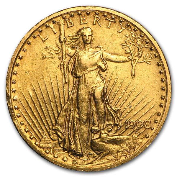 1908 $20 Saint-Gaudens Gold Double Eagle w/Motto (Cleaned)