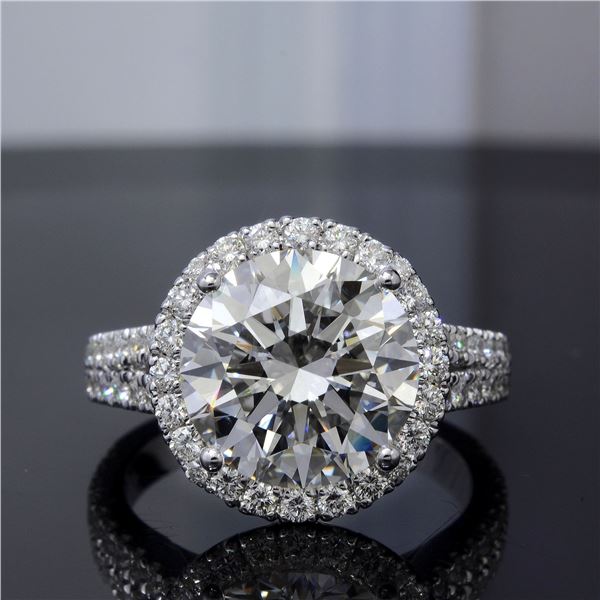 Natural 5.92 CTW Halo Split Shank Round Cut Diamond Engagement Ring 18KT White Gold